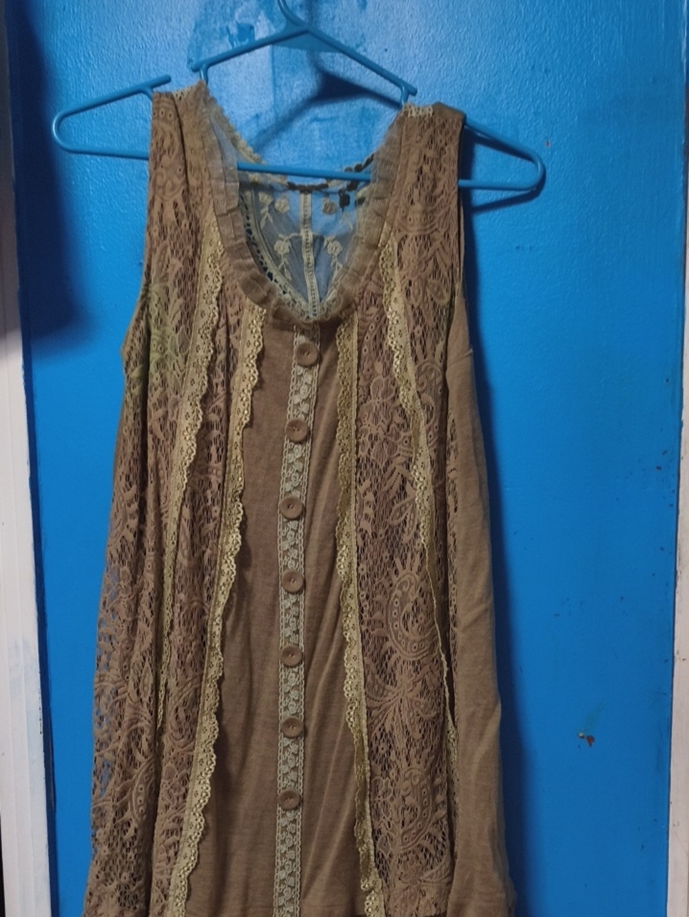 Pretty Angel Tan Lace-Trim Button Front Tunic Dress